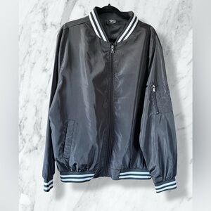 Black Bomber Jacket – Zip Front, Striped Trim, Lightweight Windbreaker